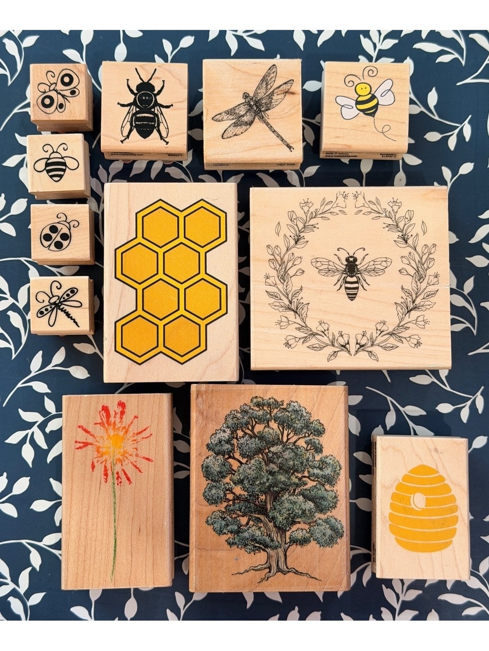 Bee Garden Rubber Stamp Lot Honeycomb Beehive Dragonfly Butterfly